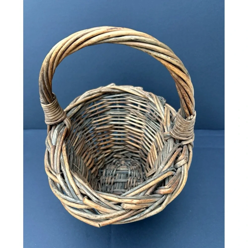 Vintage miniature child's gathering woven wicker willow basket flare rim EVC